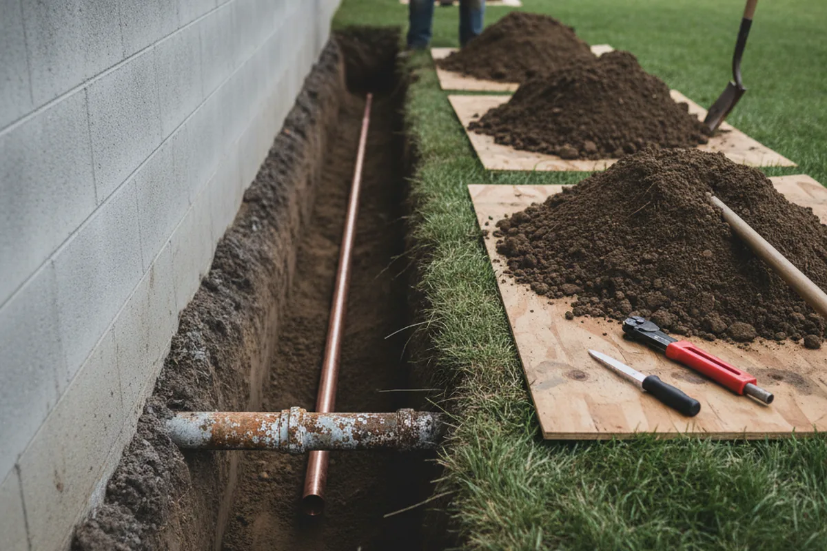 Excavated water line trench during Water Softener Installation in Nakina